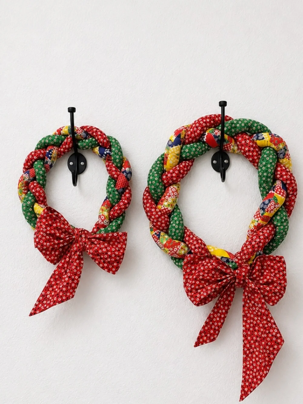 Set of Vintage Large Handmade Quilted Braided Rope Hanging Wreaths w/bow Holiday
